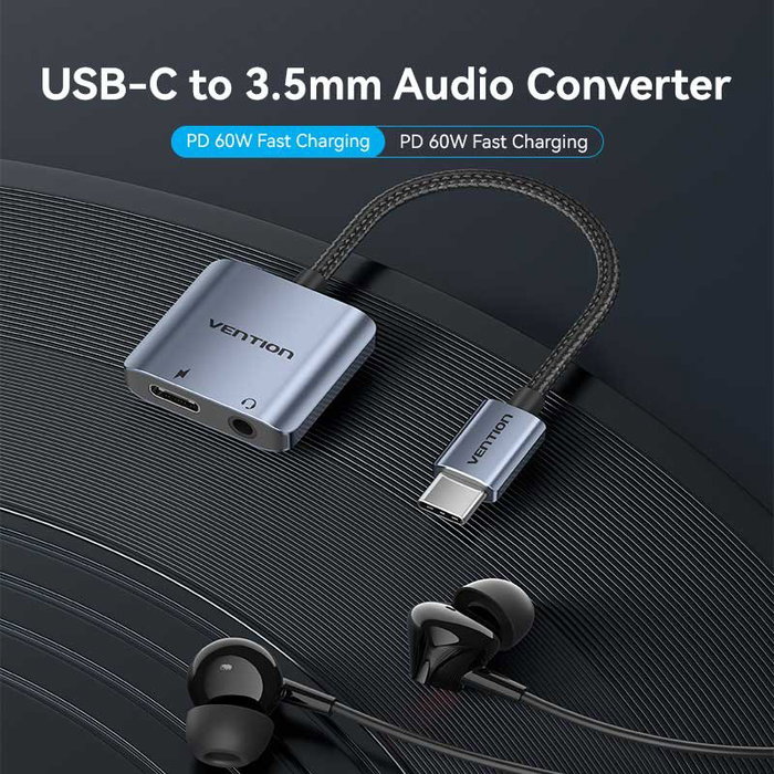 Vention Adaptador de Audio BIGHA USB-C a Jack 3.5 mm y USB-C PD Gris Vention Adaptador de Audio BIGHA USB-C a Jack 3.5 mm y USB-C PD Gris